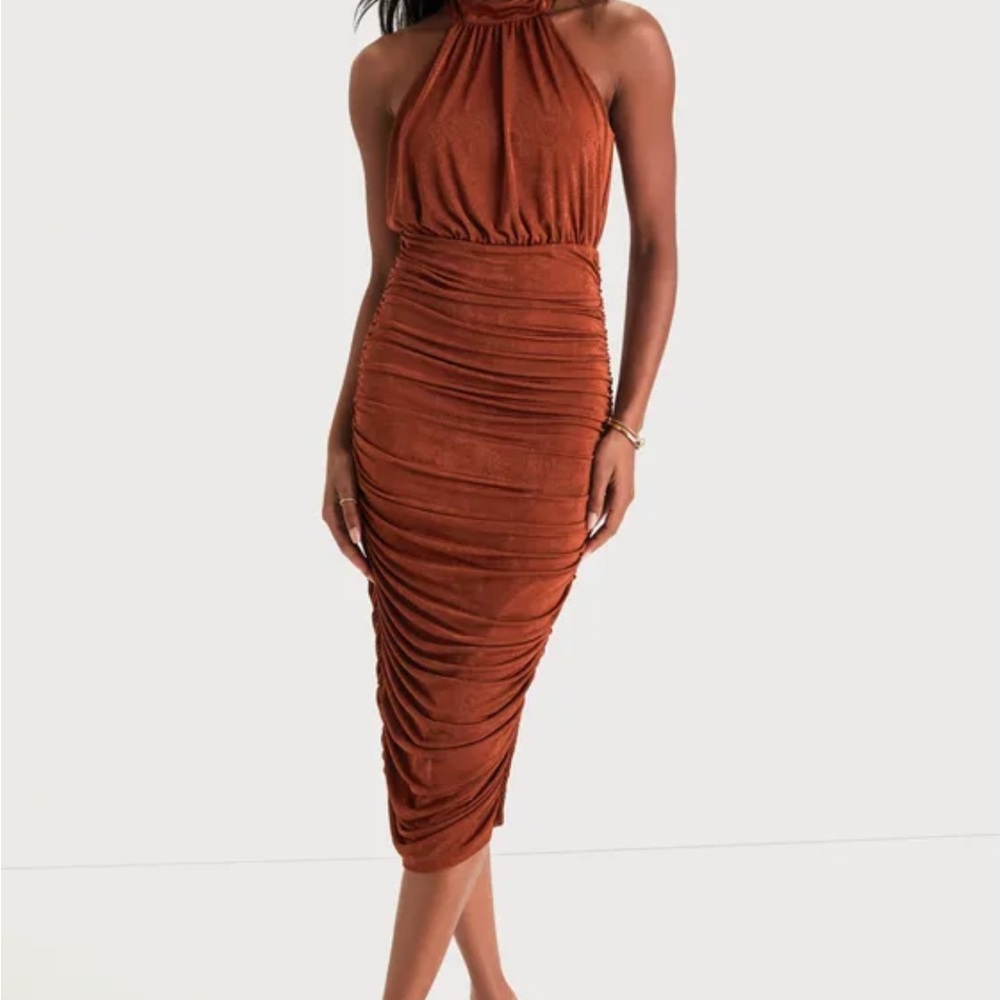 Lulus Med. Irresistible Presence Rust Halter Ruched Bodycon Midi Dress